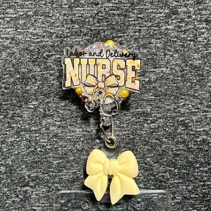 Blingy Badge Reel for Nurses with Labor and Delivery Design and Bow Accessory