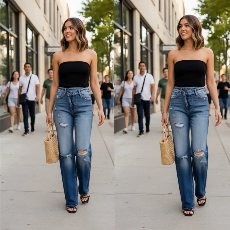 Ada005H-High-waisted jeans with a repositioned button 94%Cotton, 5%Polyester , 1%Spandex
