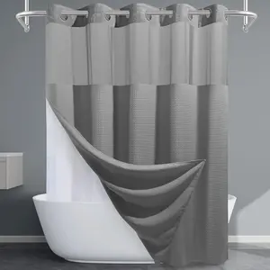 No Hook Shower Curtain with Snap-In Fabric Liner, Double Layer Grey & White Waterproof Washable Shower Curtain, 72 x 75 Inches