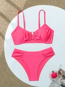 Two-piece Set Women's Solid Color Ruched Knot Bikini Set, Casual Adjustable Strap Swim Top & Swim Bottom Two-piece Swimsuit for Beach Holiday Vacation, Ladies Swimwear for All Seasons