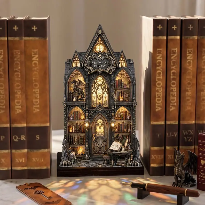 Fantasy Book Nook with Candle, Lighted Book Nook, Bookshelf Lamp for Library Decor, Dragon Book Insert, Fantasy Bookshelf Insert, Book Lover Gift, Reader Gift
