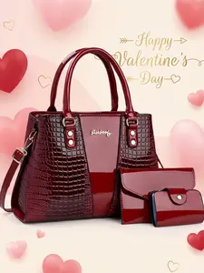 Women's 3-Piece Handbag Set Crocodile Pattern Patent Leather Top Handle Satchel Shoulder Bag & Wallet with Crossbody