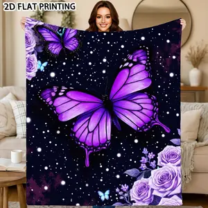 Magical Starry Night & Butterfly Flannel Throw Blanket - 280Gsm Soft Warm Bedspread Suitable For Sofa, Bed, Camping & Travel - Lightweight Cozy Bed Cover With & Butterfly Pattern, - In Contemporary Style