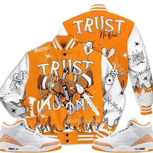 3 White Orange Peel Varsity Jacket, Orange Citrus 3s Outfit Tattoo Trust No One Shirts To Match Sneaker Streetwear