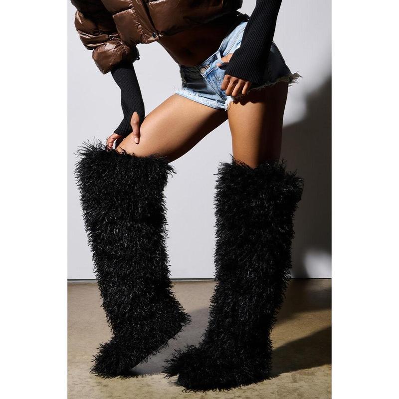 AZALEA WANG TEMPLETON BLACK POODLE FAUX FUR OVER THE KNEE BOOT
