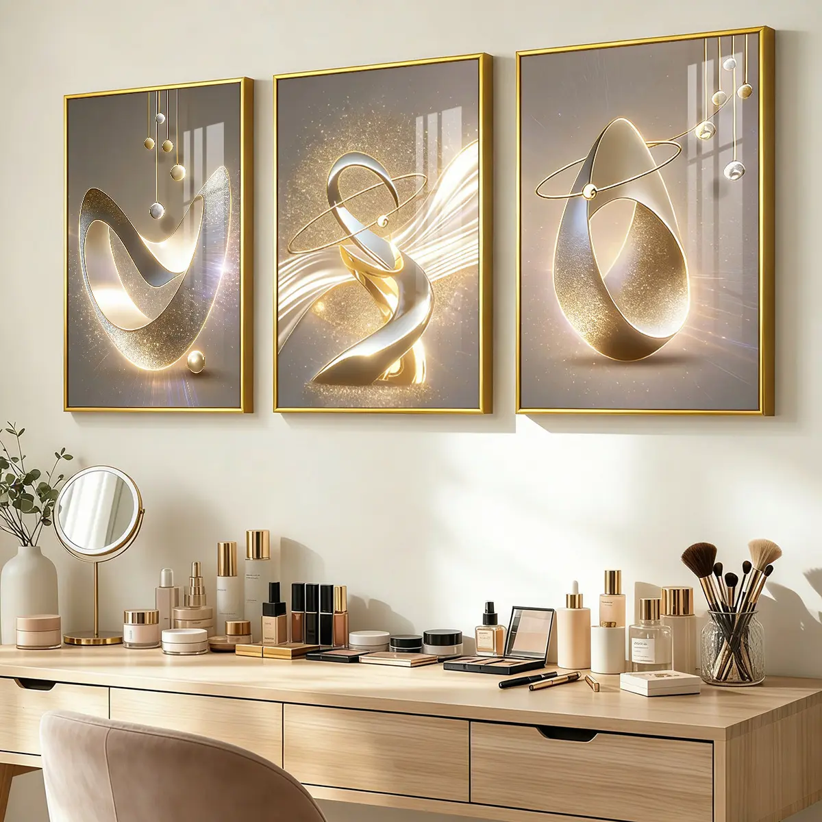 3 Count Aluminum Alloy Frame Canvas, Fashion Poster, Abstract Golden Geometry Art, Modern Living Room Decoration, Light Luxury Family Art, Modern Home Decor, Decoration Items, Suitable For Bedroom, Corridor And Office Wall Decor, Gift