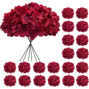 20 Pcs Dark Red Hydrangea Artificial Flowers Bulk, Faux Hydrangea Flowers Heads, Artificial Fake Silk Hydrangea Flowers with Stems, Red Flowers Artificial for Decoration Wedding Décor