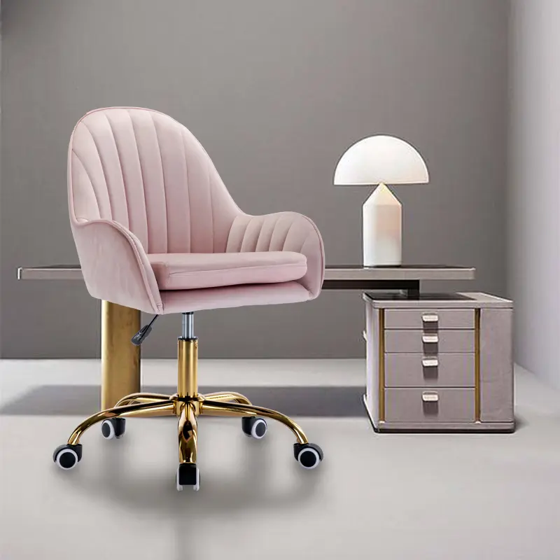 [SOIYELIFE] Velvet Office Chair with Wheels, Cute Chair with Side Arms and Gold Metal Base for Living Room, Bedroom,and Vanity Room,Bling Desk Nail Desk for Women,Adjustable Height,Pink,Unique furniture