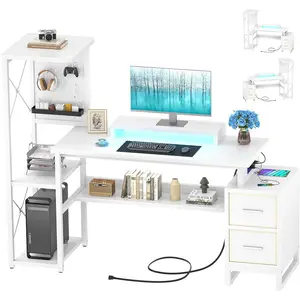 Computer Desk with 2 Fabric Drawers - Reversible Home Office Desk with Power Outlet & LED Lights, 53" Writing Desk with Monitor Stand & Storage Shelves, Gaming Desk Study Table with Pegboard, White