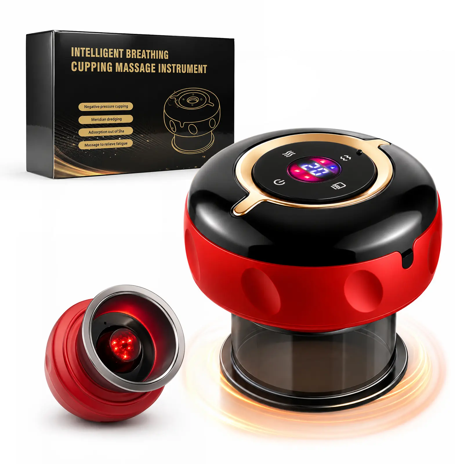 Electric Cupping Massager, Intelligent Breathing Cupping Device with Red Light, Heat, Adjustable Suction and Gua Sha Scraping Function, Cordless Body Care Tool for Home Self Care