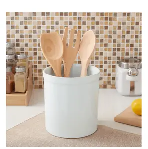 Glazed Stoneware Utensil Holder White for Kitchen Storage with Wooden Utensils Included