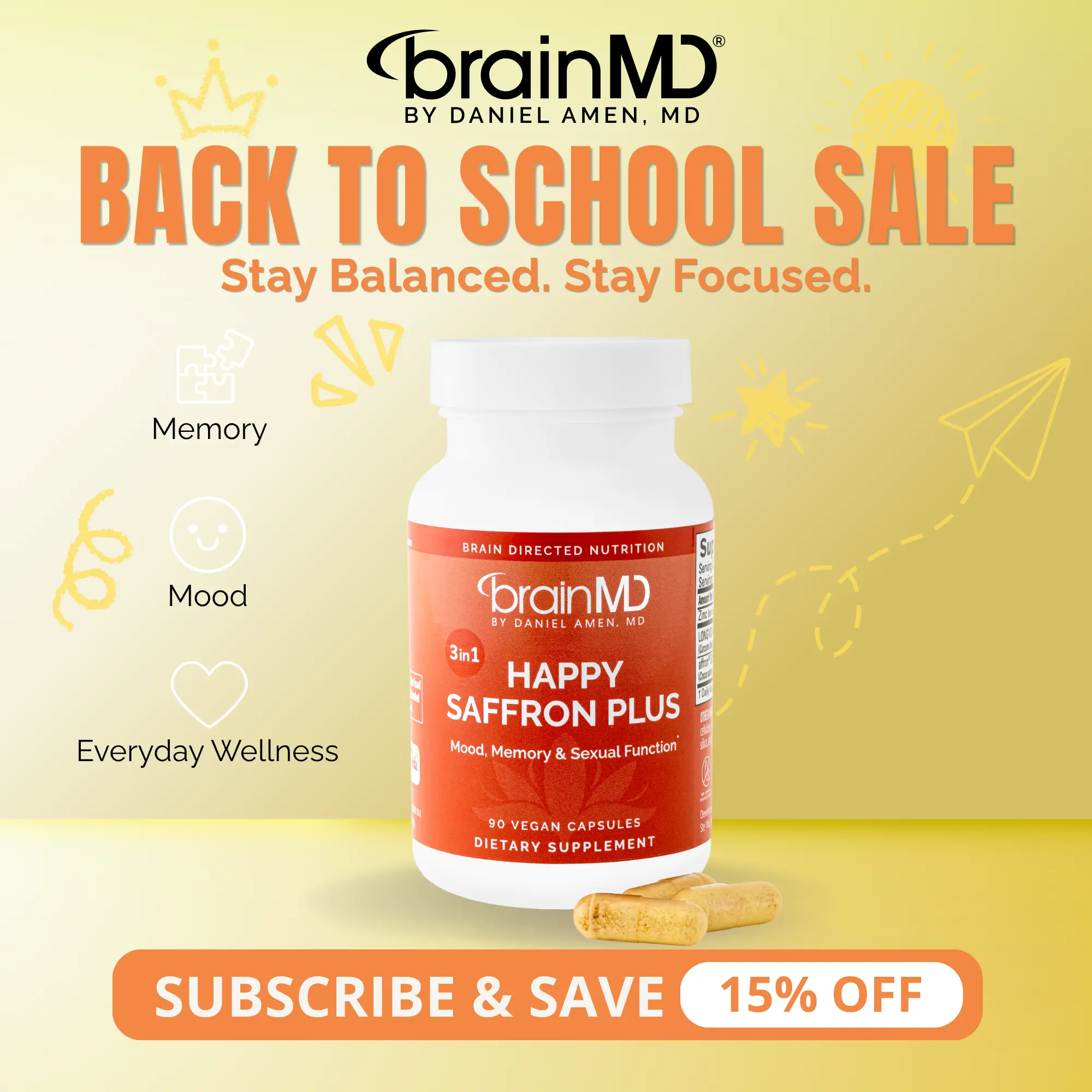 Happy Saffron Plus | BrainMD | 90 Capsules | Powerful 3 in 1 Mood & Stress Support | Memory & Focus Support | Affron Saffron Extract with Curcumin & Zinc