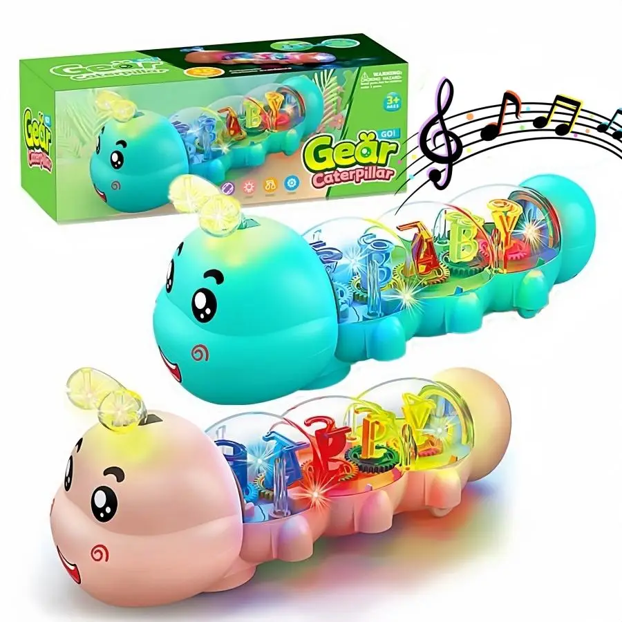 Creative Caterpillar Design Music Car Toy with Sound and Light, 1 Box Transparent Shell & Internal Alphanumeric Display Musical Toy, Musical Light Up