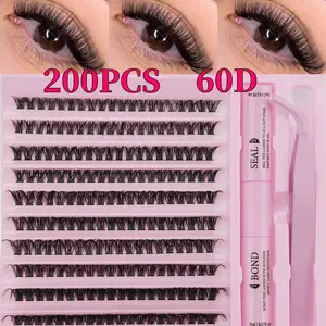 8-16mm D-Curl False Eyelashes, 200pcs 60D Fluffy Thick Individual Lashes, Reusable Fake Cilia Set with Glue Kit, Synthetic Fur Lash Extensions
