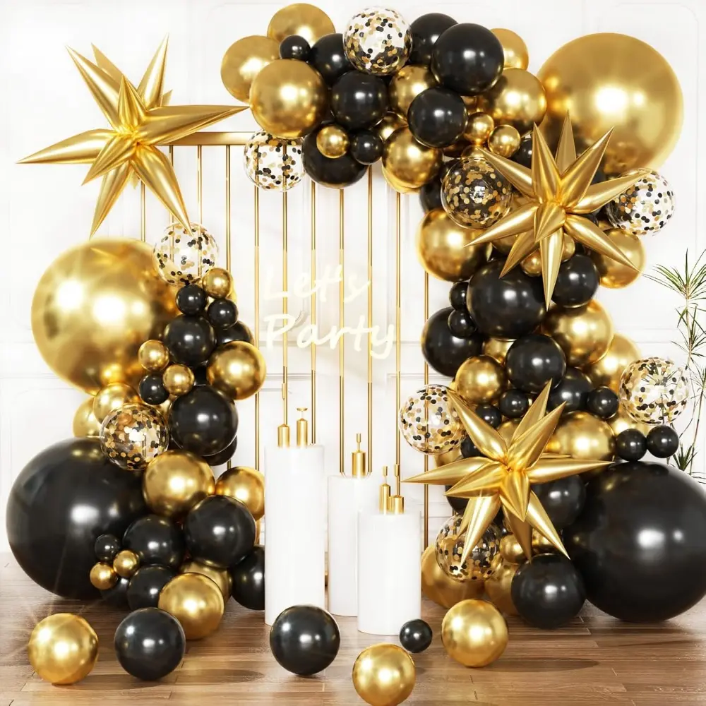 Black and Gold Aluminum Garland Arch Kit with Star Balloons, Confetti Balloons, Pump - Door, Window Compatible for 2025 Graduation, Cocktail Event Decorations, Doors, Windows