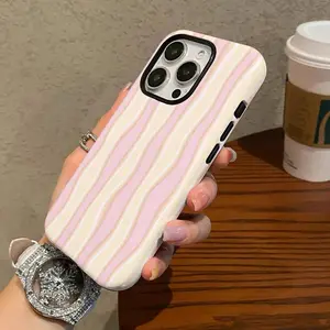 Phone Case Aesthetic Wavy Stripe Pattern 2-in-1 Heavy Duty Shockproof Protection Cover for iPhone 17 16 15 14 13 12 Pro Max - Stylish Gift for Women