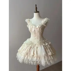 Japanese Sweet Princess Lolita Elegant Woman Party Dress   Chic Bow Fairy Vintage Dress Slim Flower Lace Retro Outfits Summer