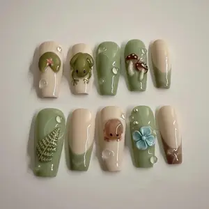 Froggycore Gingham Forest Nails, Cute 3D Frog Mushroom & Lily Pad Press Ons