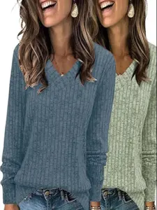 Women's V Neck Long Sleeve Loose Fit Soft Thermal Top, Autumn Winter Fashionable Casual Wear, Comfortable & Stylish Design, Chic, Womenswear