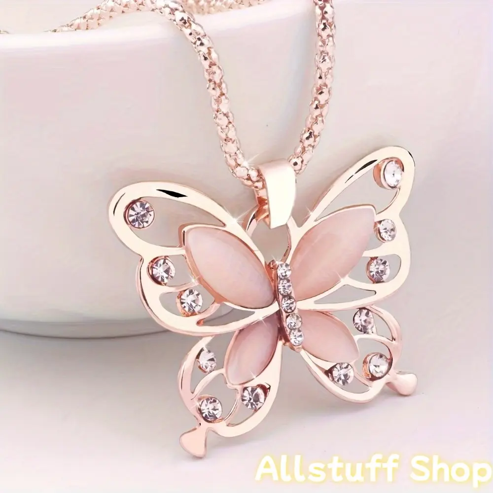 Elegant Butterfly Necklace - Synthetic Zirconia, Rose Golden Finish, Stainless Steel - Chic, Bling Crystal Stone Necklace for Her (Perfect Gift Option), Butterfly Necklaces tiktokshopbacktoschool
