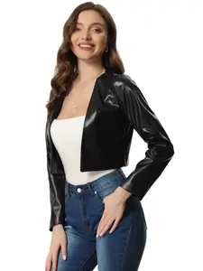 INSPIRE CHIC Faux Leather Long Sleeve Short Moto Biker Cropped PU Jacket