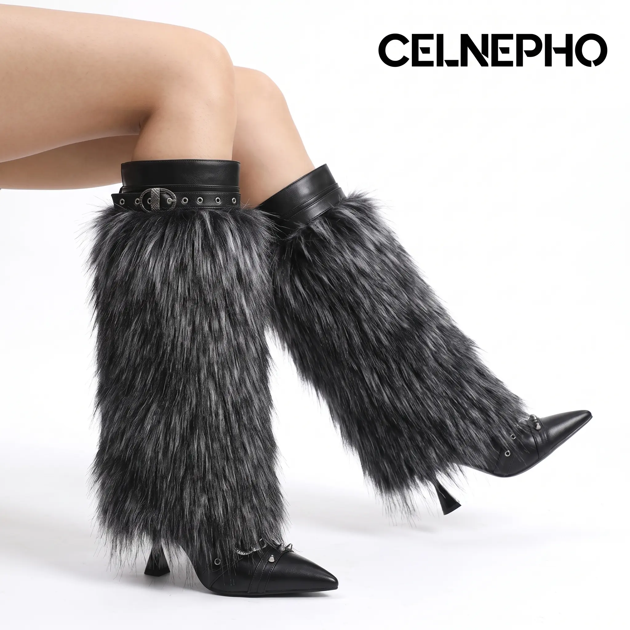 CELNEPHO Fashion Boots for Women Pointed Toe Stiletto Kitten Heel Knee High Boots Rivet Metal Buckle Design Detachable Faux Fur Cover Easy Pull on Runway Fold Over Boots Party Cosplay Casual Outing Trendy Summer Fashion Dress Shoes