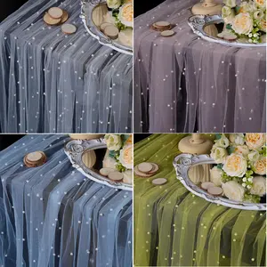 Pearl Wedding Arch Decorations Romantic Bridal Veil Lace Fabrics Dessert Table Cloth 63x120 inches Long Beaded Tulle Chiffon Tablecloth Bridal Shower Holiday Birthday Party Table Decor