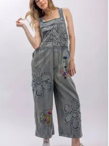 Blue Velvet Floral Patchwork Overalls