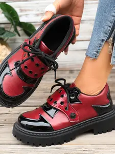 Women's Colorblock Stud Thick Sole Leather Shoes, Height Increasing Single Shoe, Girl Style Casual Footwear