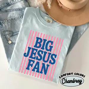 Big Jesus Fan Shirt, Comfort Colors, Womens Religious Gifts, Striped Preppy Christian T-Shirt, Faith Inspirational