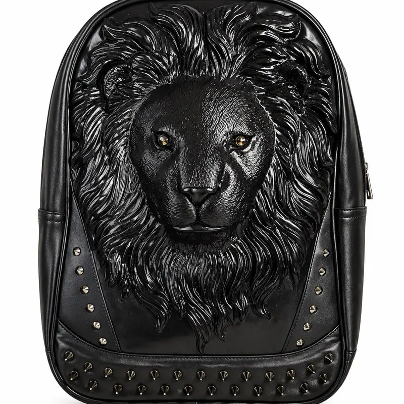 Unisex king of All Kings Black Large Gothic Lion Head Backpack - 3D Luxury Animal Figure, Beasts Graphic, Studded, Lightweight Multifunctional 3D Backpack for School, Adult Gifts, SKU:3087, Beasts Graphic Backpacks, 3D Backpacks