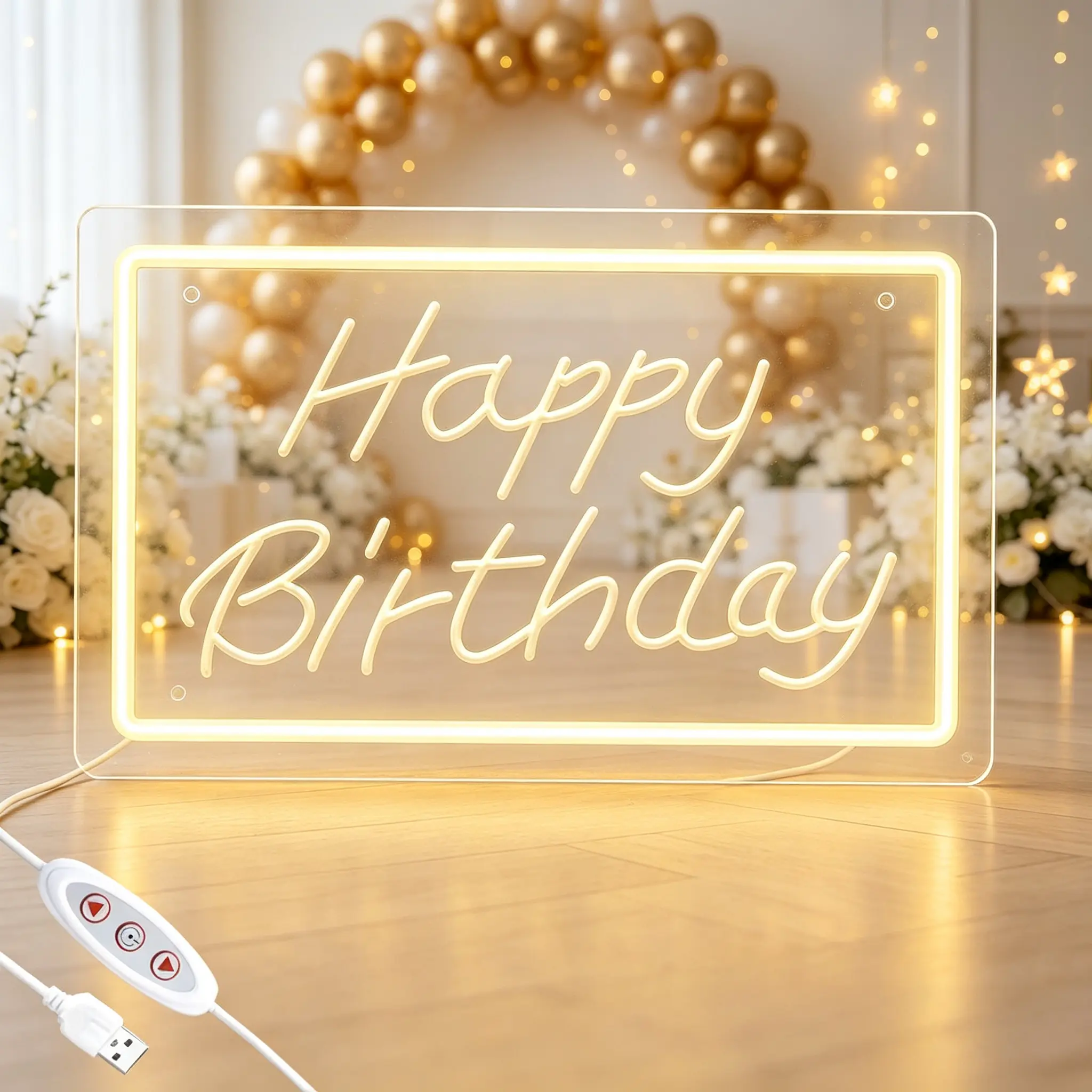 Dimmable Happy Birthday LED Neon Sign (11.81in×8.26in), USB-Powered with Adjustable Brightness, Acrylic Backboard Wall Decor for Birthday Party, Home Bedroom Bar Hanging Lights