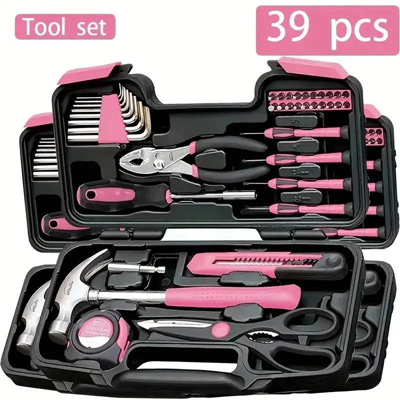 Pink Tool Set 39 Pcs Including Hammers Measuring Devices & Screwdrivers for Men and Women