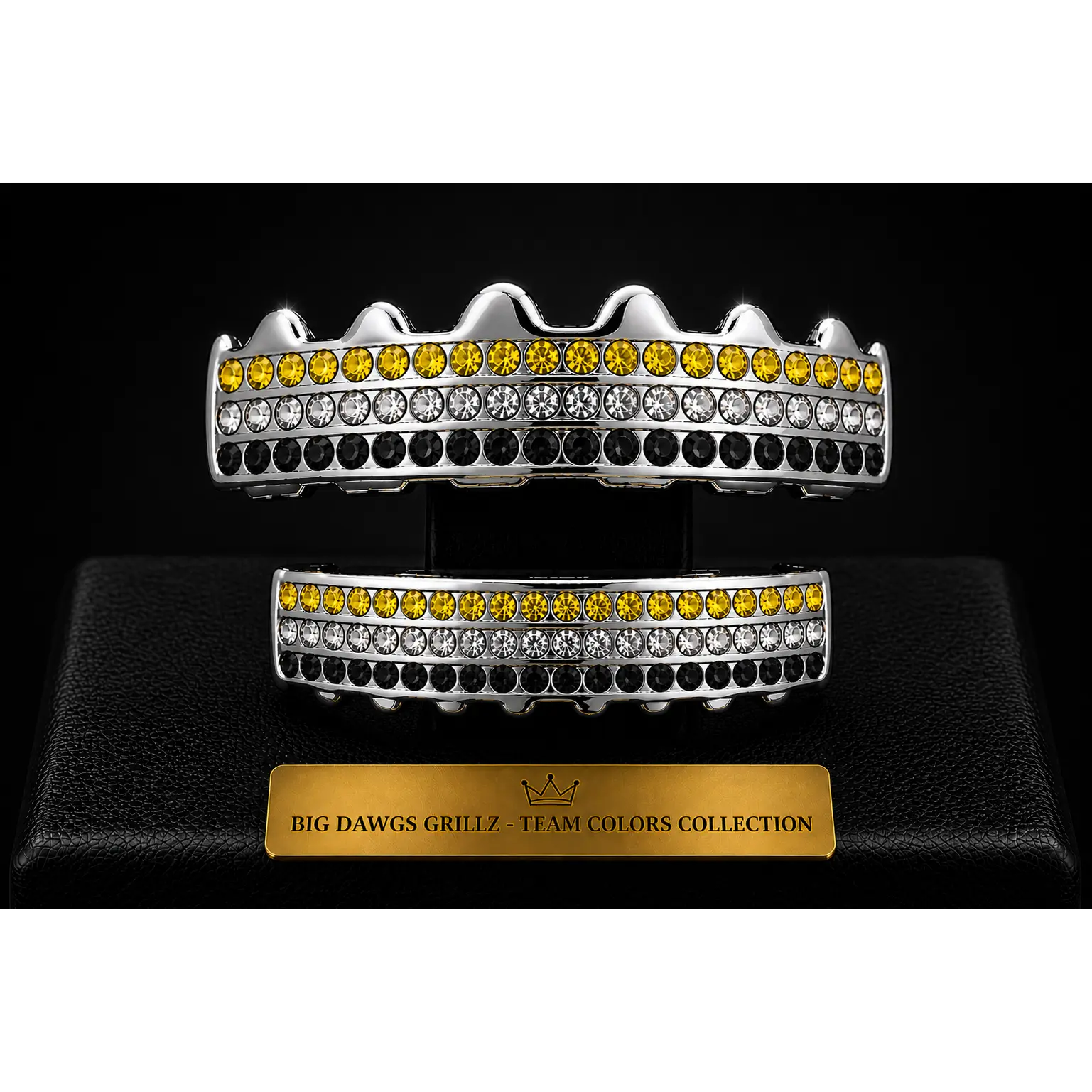 Team Colors Silver 6 Rows Iced CZ Mouth Teeth Grillz Upper Lower Set Yellow Black