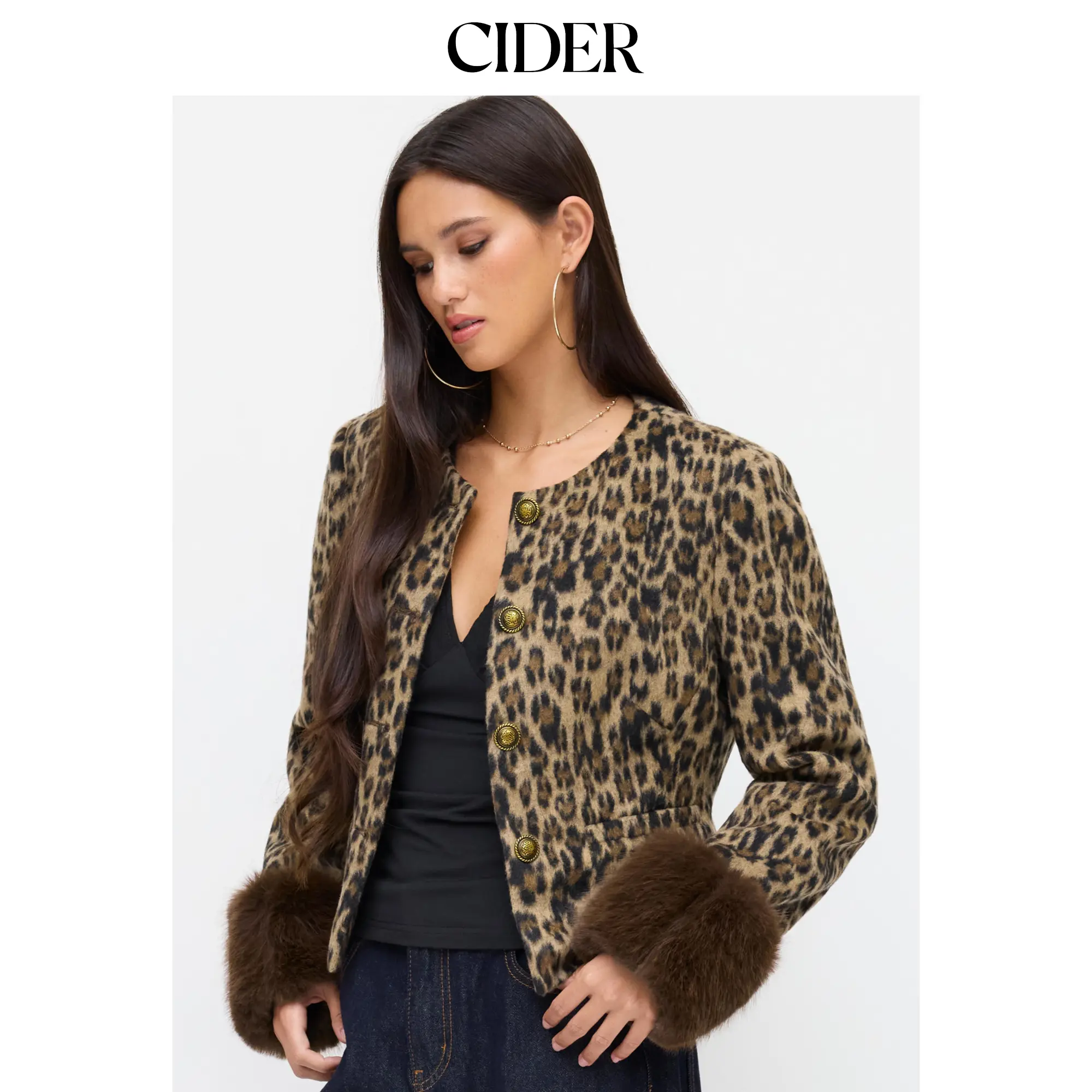 Cider Women's Leopard Print Wool-Look Coat with Faux Fur Trim, a Stylish Long Sleeve Outerwear Top for Lady, Tops, Coats
