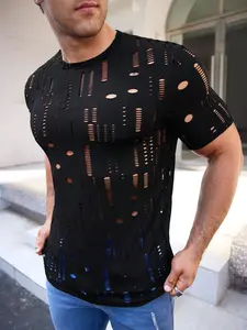 Men's Black Ripped Sheer Mesh T-Shirt Sexy See Through Short Sleeve Hollow Out Knit Top Clubwear