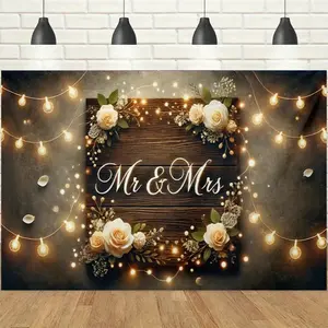 1pc 2D Vintage Mr&Mrs Wedding Banner, Wooden Sign Champagne Roses & String Lights, Warm Romantic & Vintage Vibe, Perfect for Wedding Backdrops, Engagement Parties & Retro Themed Wedding Decor Backdrop