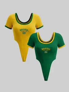 2 Pack Women's Ribbed Color Block Bodysuits, Trendy Yellow Green Crew Neck Slim Tops, Summer Casual Soccer Fan Game Day Outfits, Ideal for Sporty & Minimalist Style Lovers Womenswear