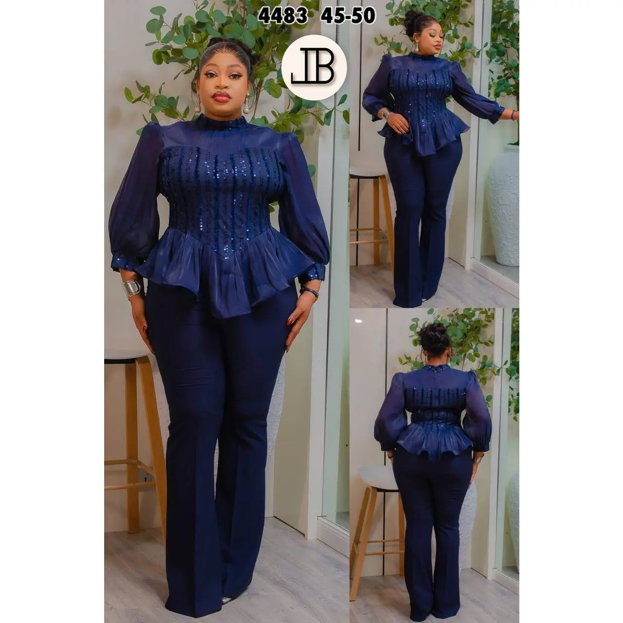 Elegant Navy Blue Sequin Peplum Two-Piece Pant Set for Women