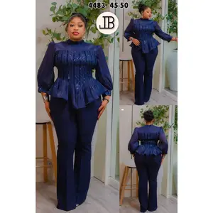 Elegant Navy Blue Sequin Peplum Two-Piece Pant Set for Women