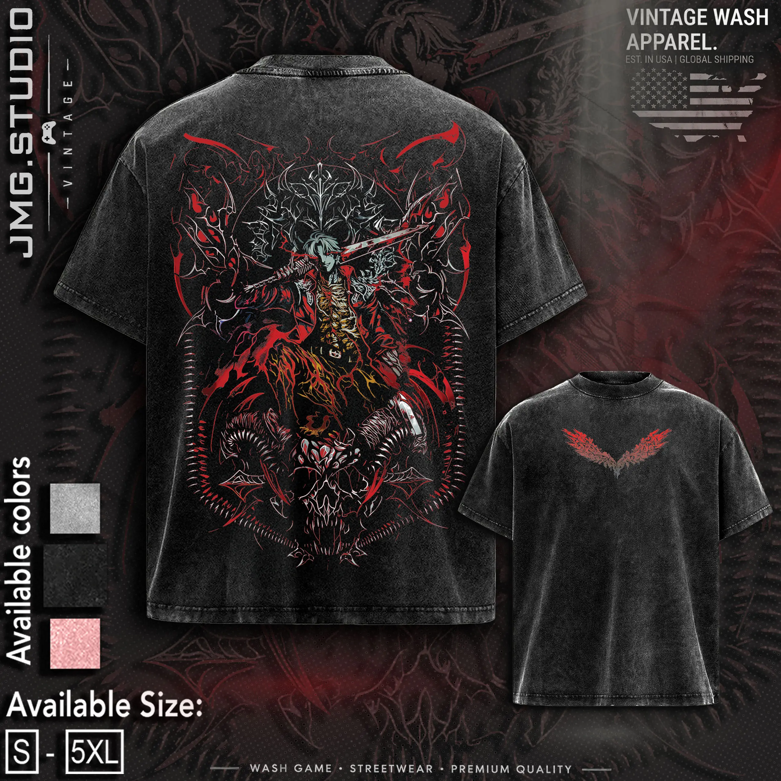 Retro Vintage Dante the devil Hunter - Devil May Cry Anime Double Printed Oversized Unisex Acid Washed Lightweight Cotton T-Shirt, DMC Menswear Apparel