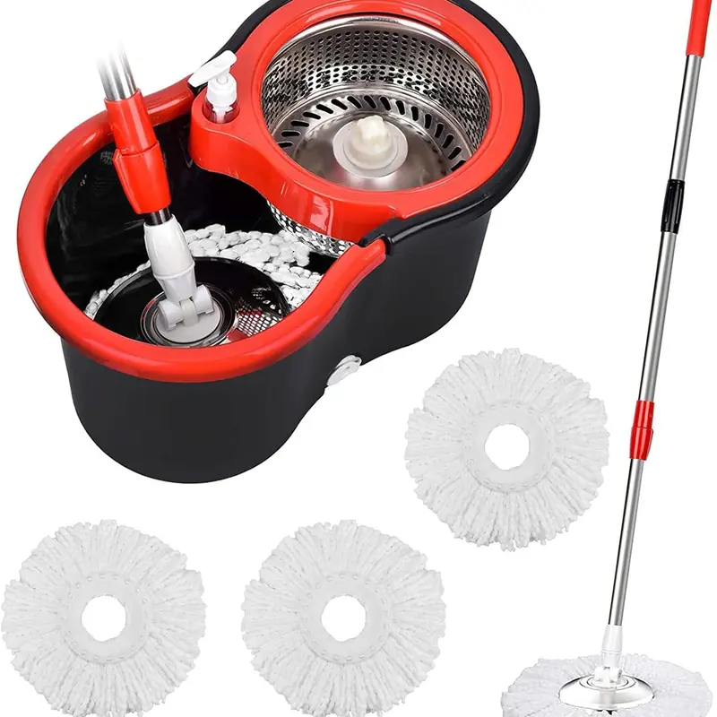 Mop and Bucket Set 360° Spin Mop Wringer System, Adjustable 61" Extended Handle, Stainless Steel for Hard Floor Cleaning & All Surfaces with 3 Microfiber Mop Refills