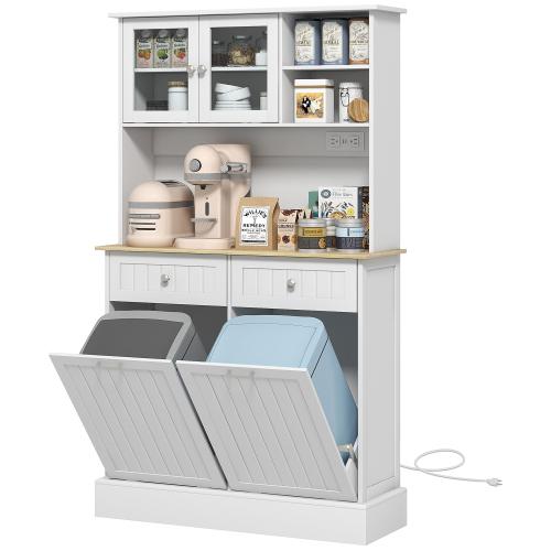 Bellemave HOMCOM 68" Multi Purpose Organized Open Storage Kitchen Furniture Cabinet with Charging Station, 2 Tilt-Out Trash Cabinets, Microwave Stand, Glass Doors & Adjustable Shelf, Freestanding Hutch, Open Storage Cabinet, Multi Purpose Kitchen Furnitur