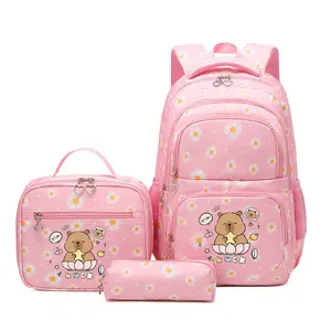 3pc Daisy Pattern Practical Backpack Set, Cute Capybara Cartoon Print, Multi-Scene Use, Couple Bag, School Bag, Travel Bag, Commuter Bag, Multi Function Backpack