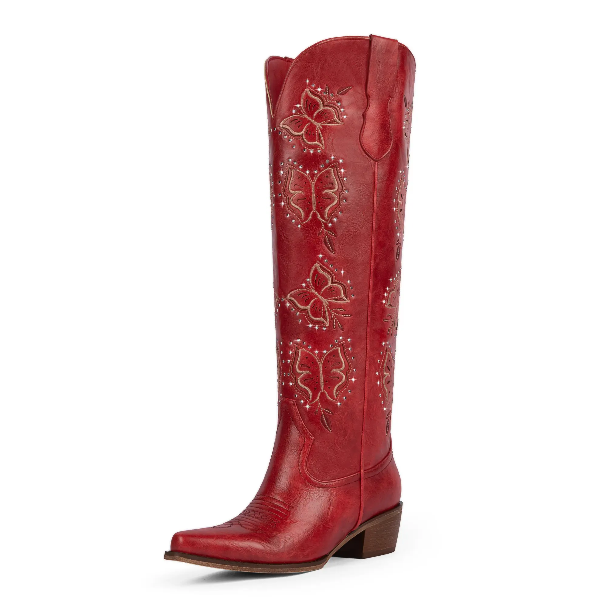 [Easyfox]Cowboy Boots for Women Rhinestone Butterfly Embroidered Cowgirl Boots Chunky Heel Slip On Knee High Western Boots