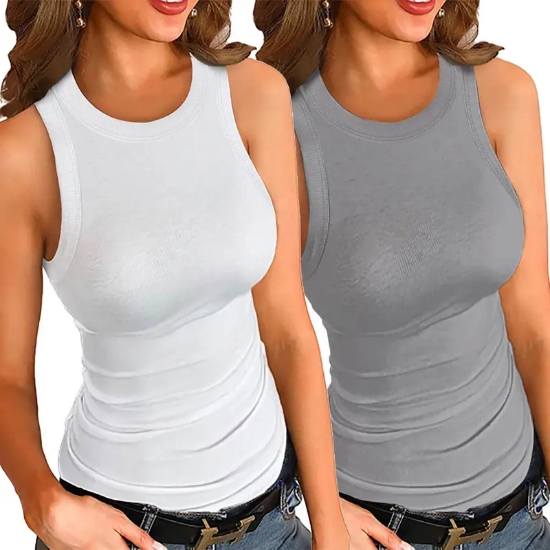 2 Pack Women Tank Tops Summer Sleeveless Basic Cami Top Shirt Slim Knit Ribbed Racerback Blouses Breathable Casual white tank top
