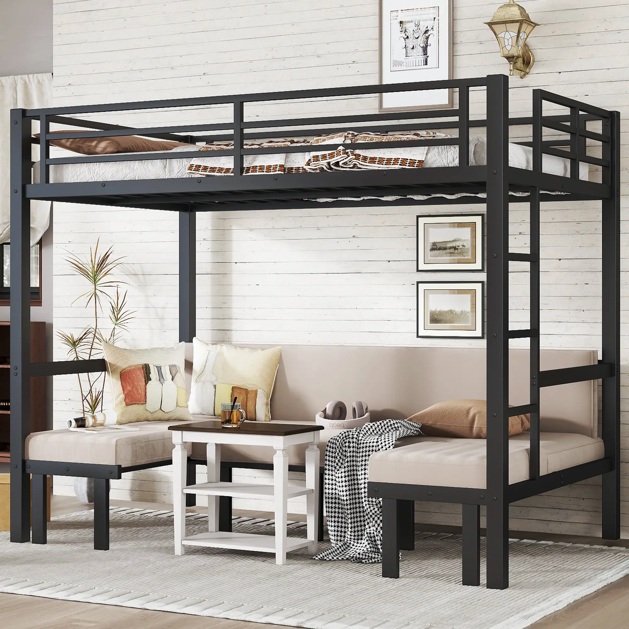 Black Metal Pull-Out Bunk Bed - 3-Section Lower Bunk & Top Bunk Safety Rails, Space-Saving for Small Apartments/Guest Rooms