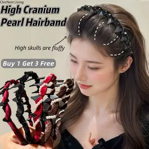 Buy 1 Get 3 FREE-4Pcs Vintage High Cranium Artificial Pearl Hairband, Hairbands for Women's Hair, Bridal Hair Hoop Rhinestones Hairs Accessoriess,for gifts