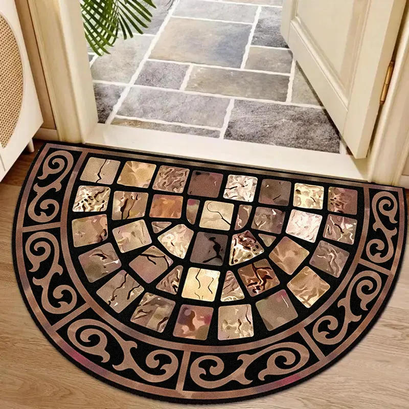 Entry mat, Vintage rug, Door entrance rug, retro semicircular door mat, imitation metal tile pattern carpet, non-slip, soft, washable indoor/outdoor mat, suitable for outdoor courtyard & front door