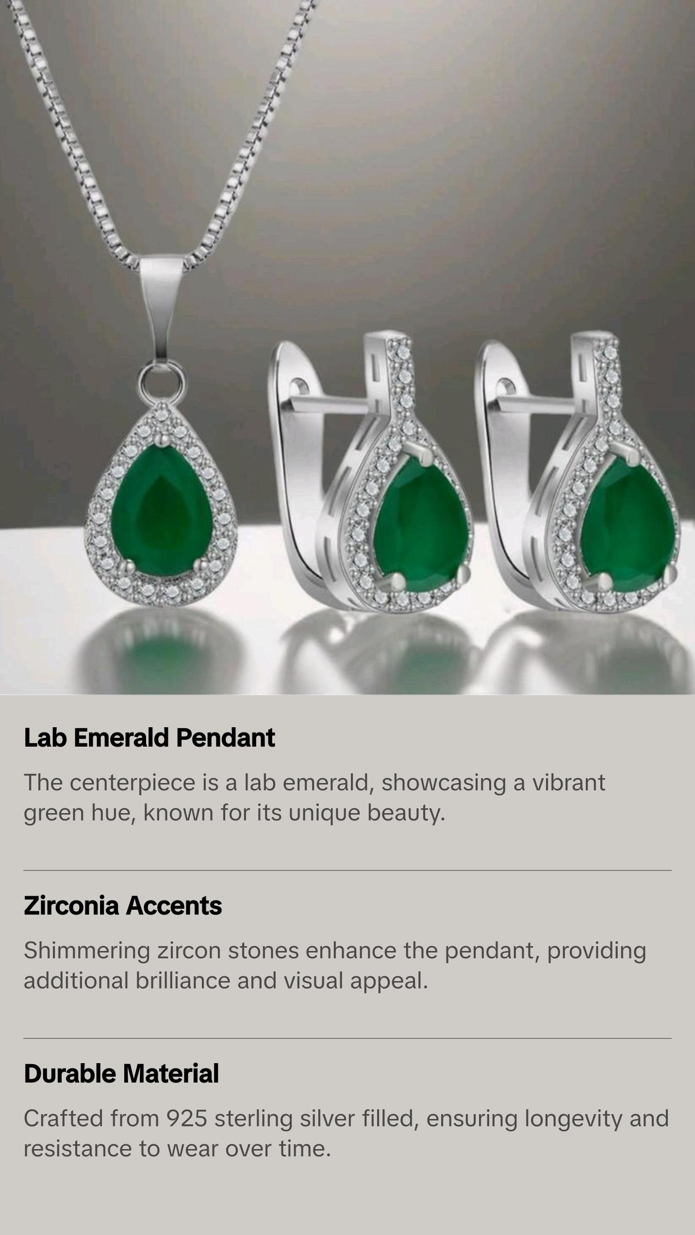 Sterling Silver Lab Emerald and Zircon Stone Necklace and Earring Set